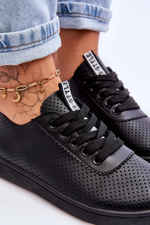 Damskie Ażurowe Sznurowane Trampki Czarne Carinel