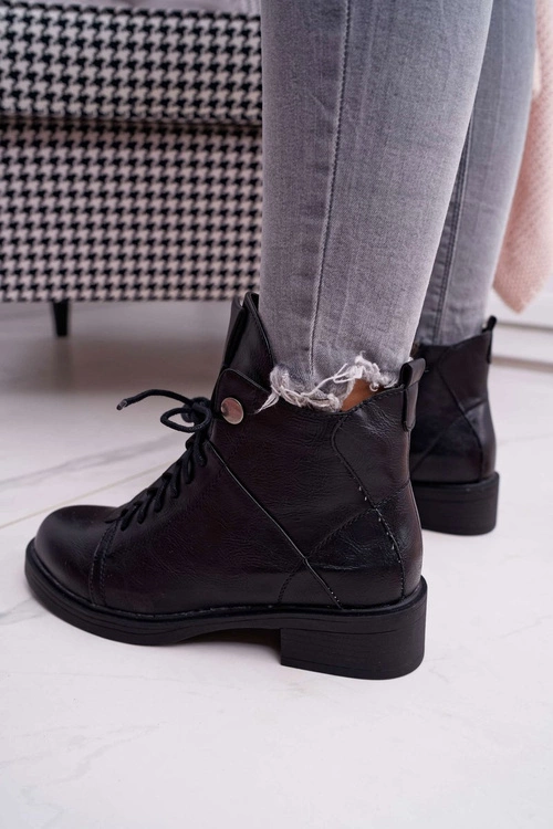 Damskie Botki Płaski Obcas Ocieplane Czarne Livin