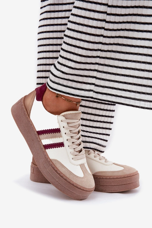 Skórzane Sneakersy Damskie Na Platformie Zazoo N1234 Beżowo-Bordowe