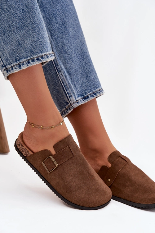 Klapki Chodaki Damskie i Na Platformie Z Klamrą Brązowe Selio