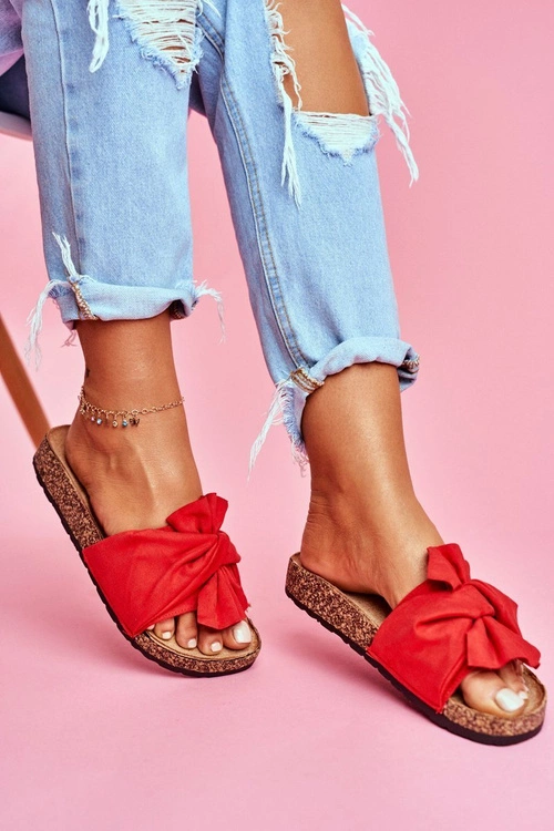 Damskie Klapki Na Korku Kokardki Czerwone Felis