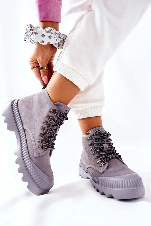 Skórzane Trapery Botki Big Star II274365 Szare