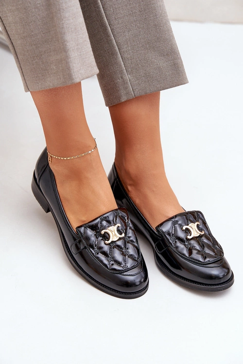 Skórzane Lakierowane Mokasyny Ze Złotą Ozdobą Laura Messi 2927 Czarne