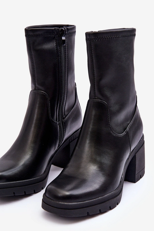 Skórzane Botki Damskie Na Masywnym Obcasie Czarne Fllavie