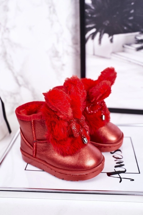 Dziecięce Śniegowce Ocieplane Futerkiem Z Uszami Czerwone Bunny