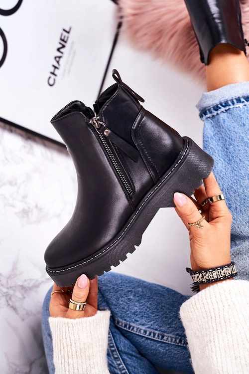 Damskie Ocieplane Botki Na Gumowej Podeszwie Czarne Moon Walk