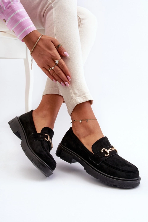 Mokasyny Damskie Ze Złotą Ozdobą Eko Zamszowe Czarne Lighas