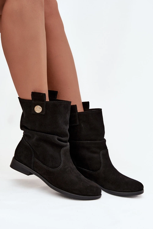 Skórzane Zamszowe Botki Damskie Z Marszczeniem Ocieplane Zazoo 4210 Czarne