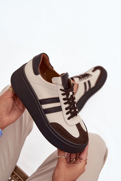 Skórzane Sneakersy Damskie Na Platformie Zazoo 3775 Beżowo-Czekoladowe