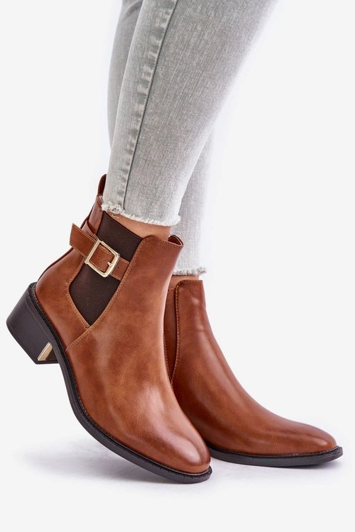 Botki Sztyblety Damskie Na Niskim Obcasie Ze Złotą Klamrą Camel Vomera