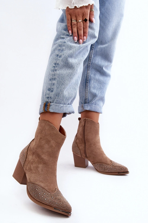 Damskie Zdobione Botki Kowbojki Na Słupku Beżowe Eleduana