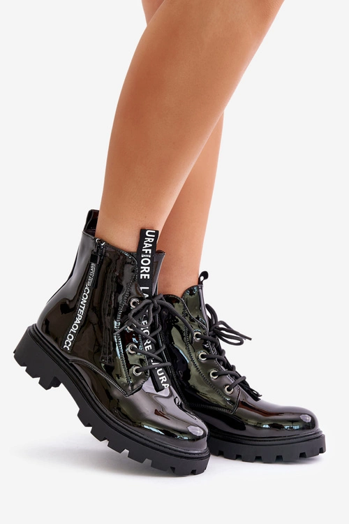 Lakierowane Botki Workery Damskie Ocieplane Z Napisami Czarne Zinfreya