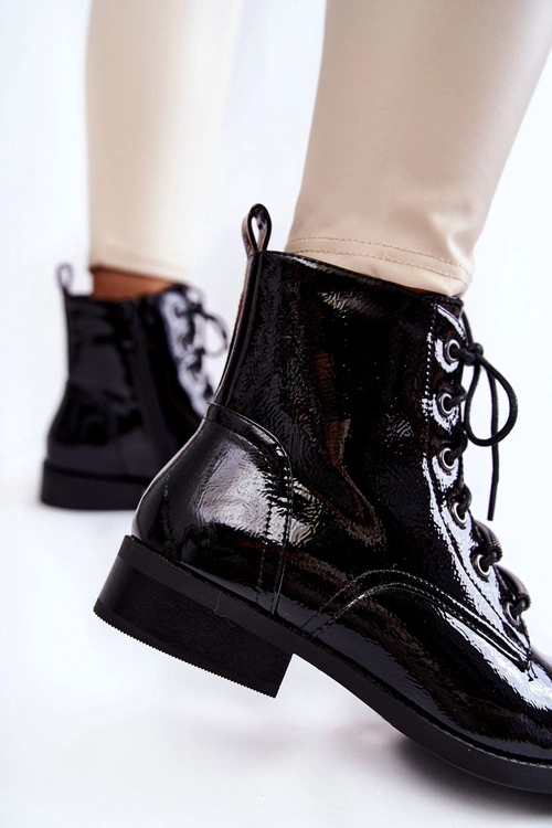 Klasyczne Lakierowane Damskie Ocieplane Botki Czarne Grimma