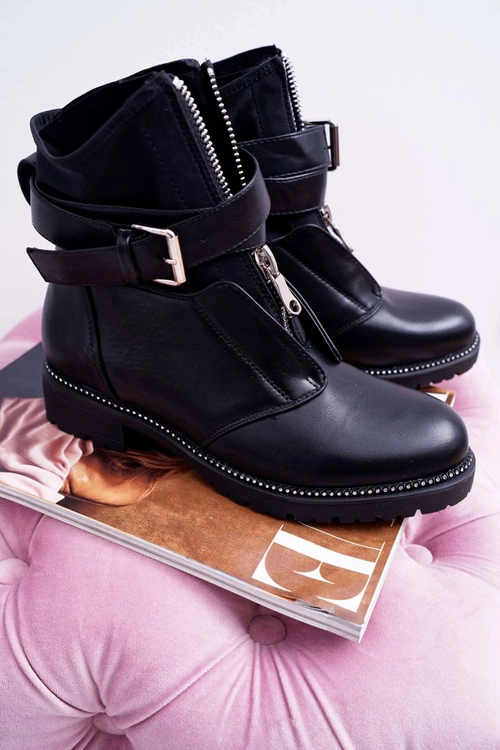 Botki Damskie Płaski Obcas Militarne Czarne Travist