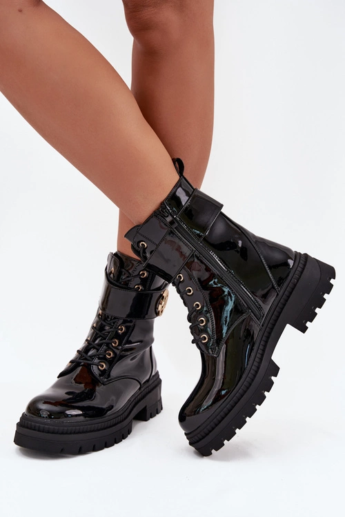 Lakierowane Botki Workery Damskie Ze Złotym Detalem Ocieplane Czarne Fiorena