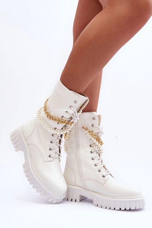 Skórzane Wysokie Workery Z Łańcuszkiem Białe Nameer