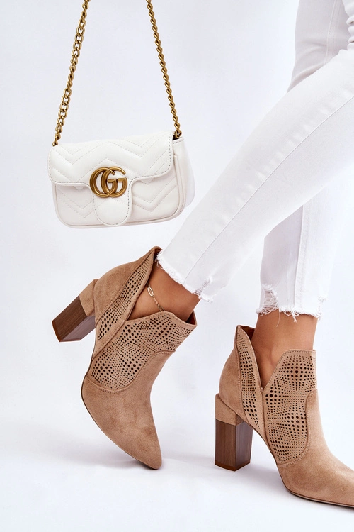 Ażurowe Zamszowe Botki Na Obcasie Beżowe Leanna