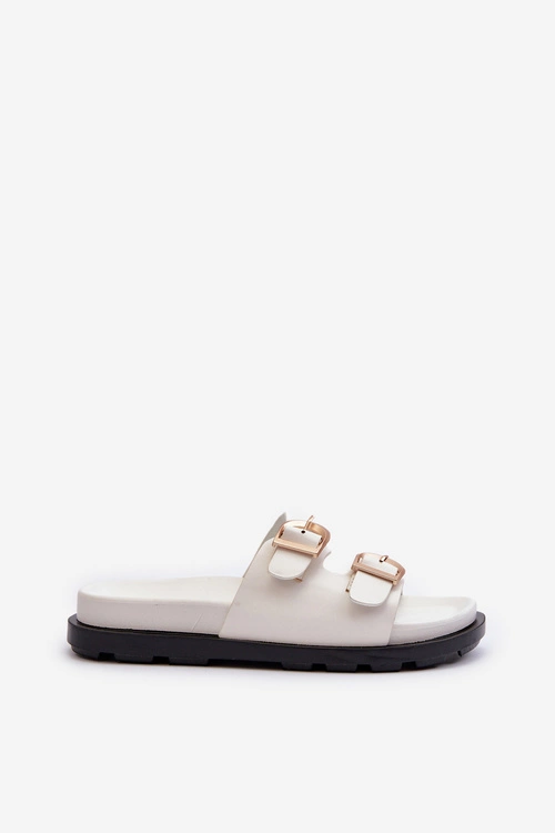 Klapki Damskie Eko Skórzane Z Klamrami Białe Valmira