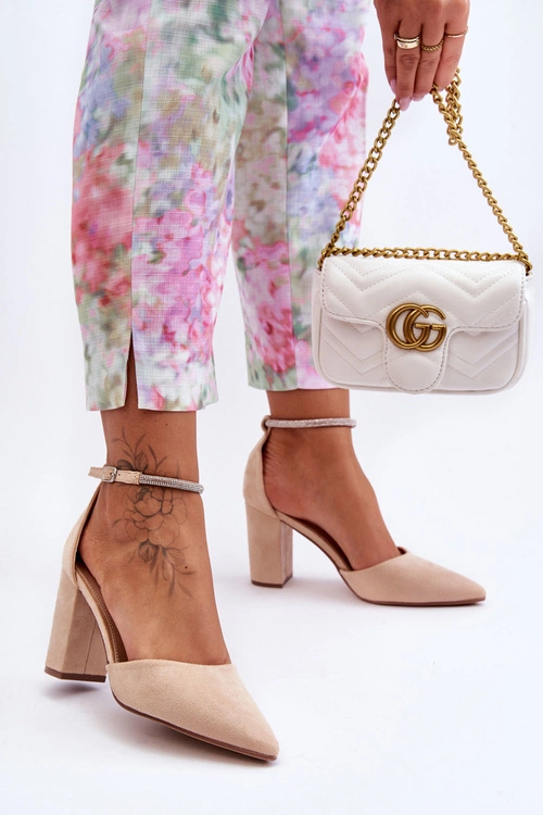 Zamszowe Czółenka Z Cyrkoniami Beżowe Diamond