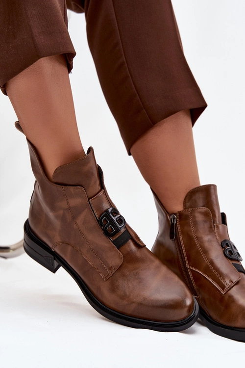 Ocieplane Skórzane Botki Damskie Z Ozdobnym Detalem Brązowe Briselda