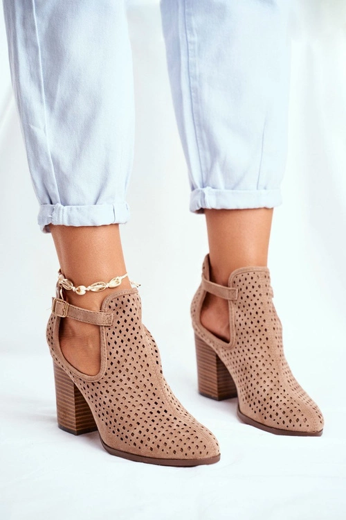 Botki Damskie Na Słupku Zamszowe Ażurowe Beżowe Morrena