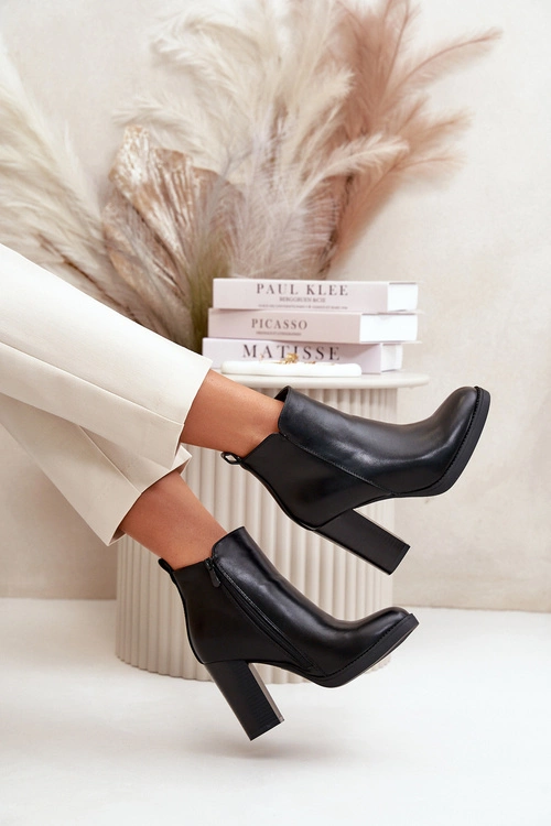 Ocieplane Botki Damskie Na Słupku Eko Skórzane Czarne Teresine