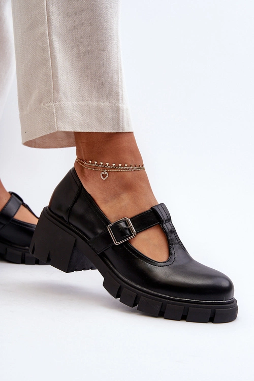 Damskie Eko Skórzane Półbuty Na Platformie I Klocku Czarne Emelna