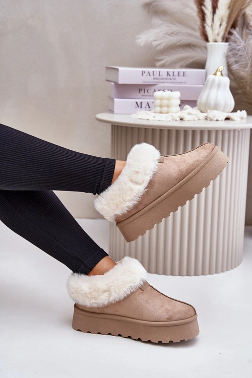 Śniegowce Z Niską Cholewką Z Futerkiem Na Platformie Eko Zamszowe Ciemnobeżowe Neathoria