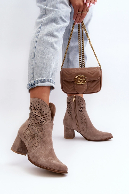 Zazoo 3166/P Damskie Ażurowe Botki Na Obcasie Zamszowe Beżowe