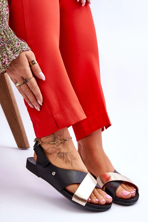 Zazoo 40141 Skórzane Sandały Na Rzep Czarno-Złote