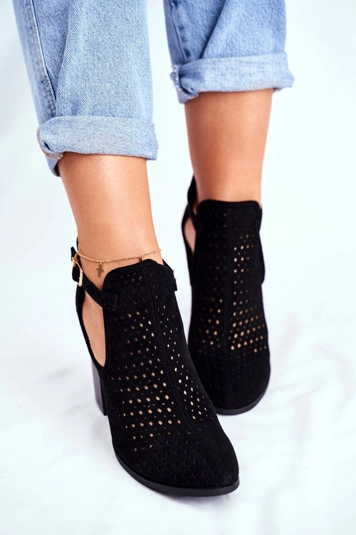 Botki Damskie Na Słupku Zamszowe Ażurowe Czarne Morrena