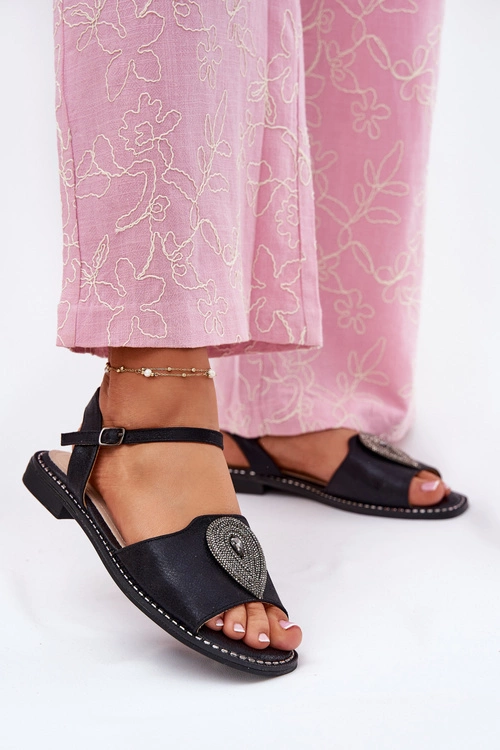 Damskie Sandały Na Płaskim Obcasie Z Ozdobą S.Barski KV51-098 Czarne