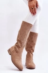Damskie Zamszowe Ażurowe Kozaki Przed Kolano Beżowe Savannah