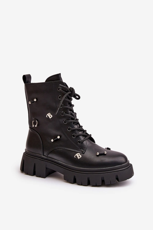 Botki Workery Damskie Z Ozdobami Eko Skórzane Czarne Cadenilla