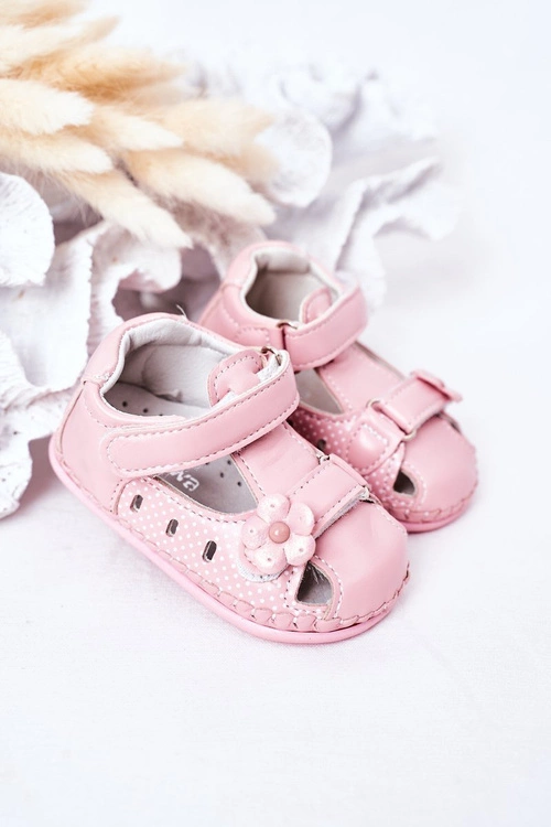 Dziecięce Skórzane Sandałki Na Rzepy Różowe Flowers