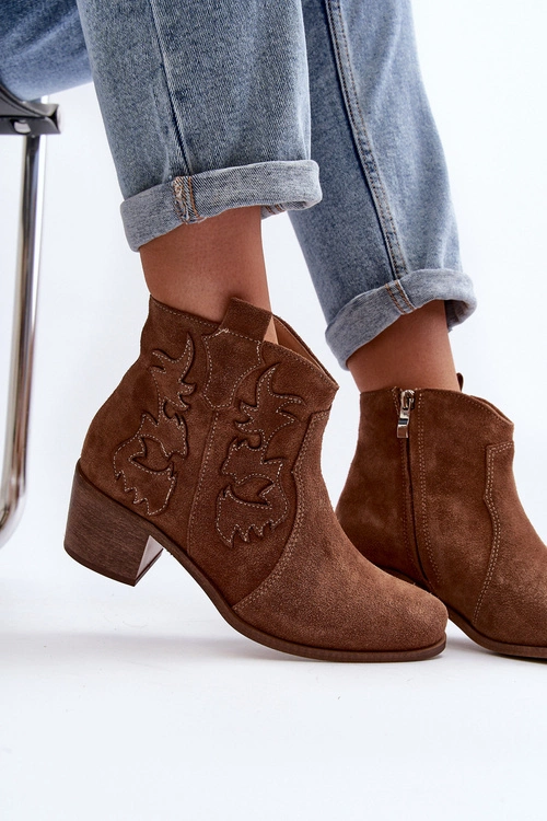 Zazoo 3426 Damskie Zamszowe Botki Kowbojki Brązowe