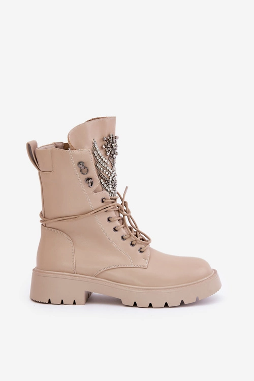 Eko Skórzane Botki Workery Ze Zdobieniem Ocieplane D&A MR880-080 Beżowe