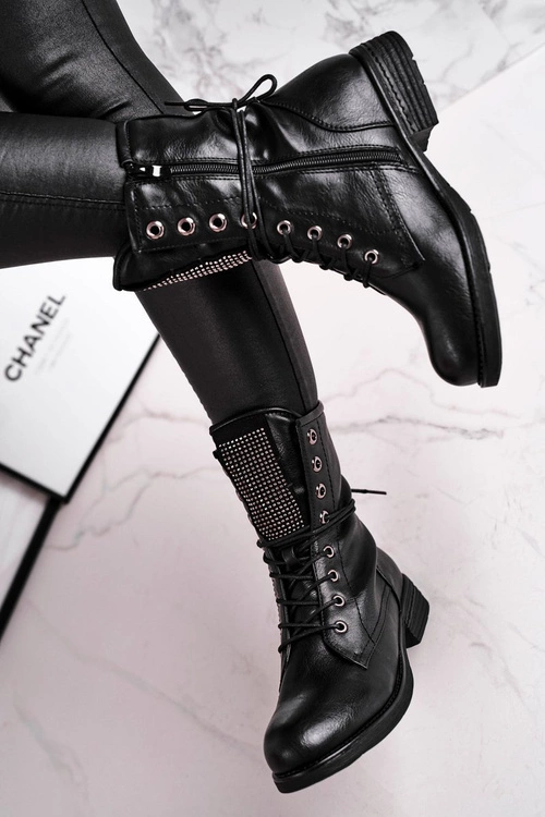 Botki Damskie Ciepłe Workery Z Cyrkoniami Czarne Seven Days