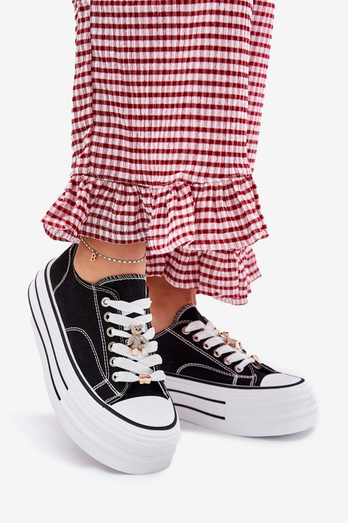 Trampki Damskie Na Platformie Ze Złotymi Przypinkami Czarne Fiorina