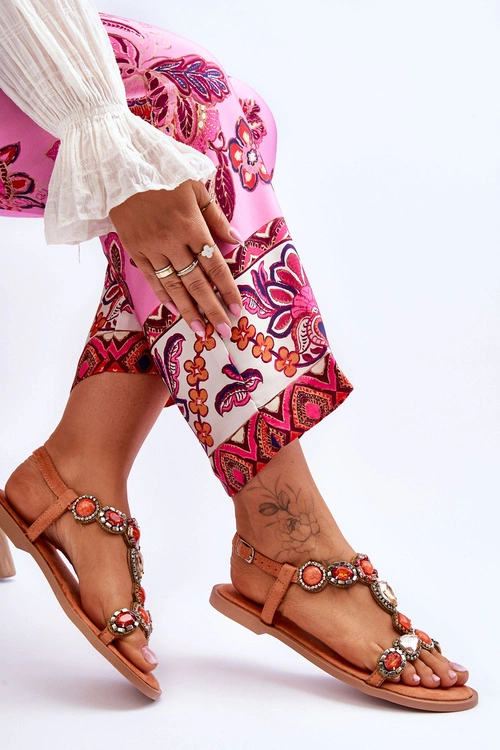 Zamszowe Płaskie Sandały Z Kamieniami Pomarańczowe Dallas