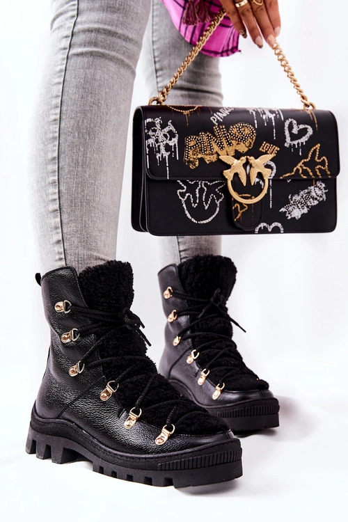 Ocieplane Skórzane Botki Trapery Czarne Cateline