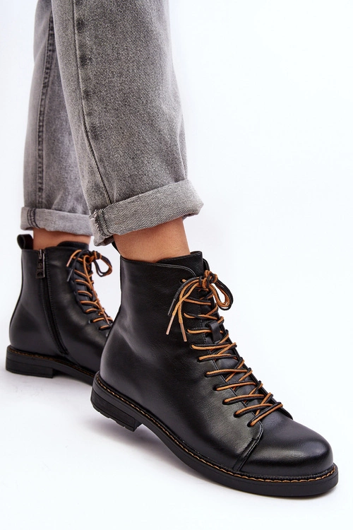 Skórzane Botki Trzewiki Damskie Czarne Ethel