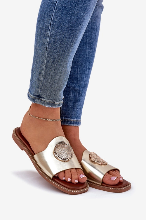 Eko Skórzane Klapki Na Płaskim Obcasie Z Ozdoba Złote Tatereia