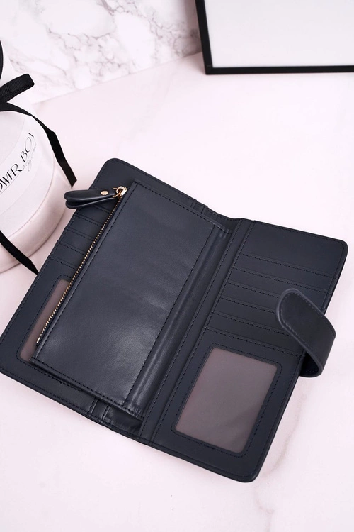 Duży Portfel Damski Z Dodatkowym Miejscem Na Karty Granatowy