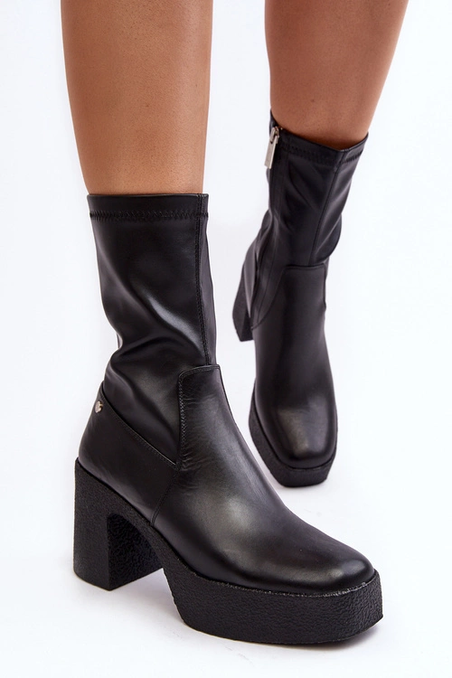 Damskie Skórzane Botki Na Słupku GOE MM2N4047 Czarne