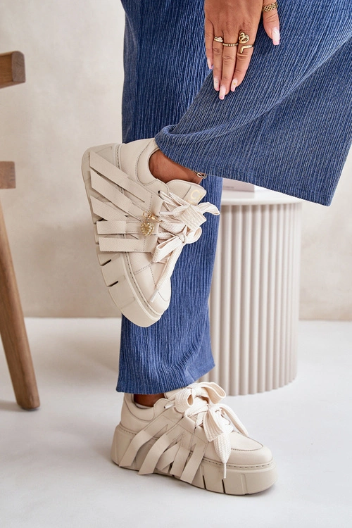 Sneakersy Skórzane Damskie Na Platformie Beżowe CheBello 4568