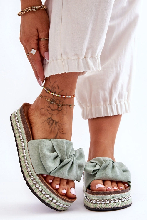 Damskie Klapki Zamszowe Z Kokardą Zielone Lauria