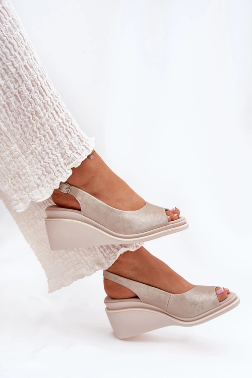 Sandały Damskie Skórzane Na Koturnie S.Barski LR51-539 Złote