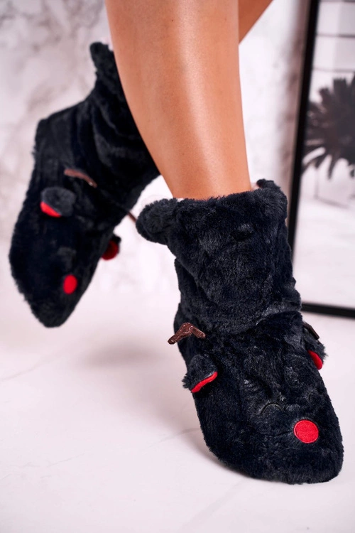 Świąteczne Papcie Z Reniferem Ocieplone Kożuszkiem Czarne Rudolph