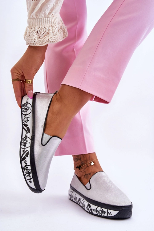 Damskie Skórzane Tenisówki Slip-On Srebrne Ottavia